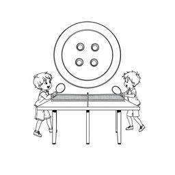 A surreal coloring page illustrating two small children engaged in a lively game of ping-pong on a standard table, but instead of a regular ball, they are using a giant button that is suspended mid-air