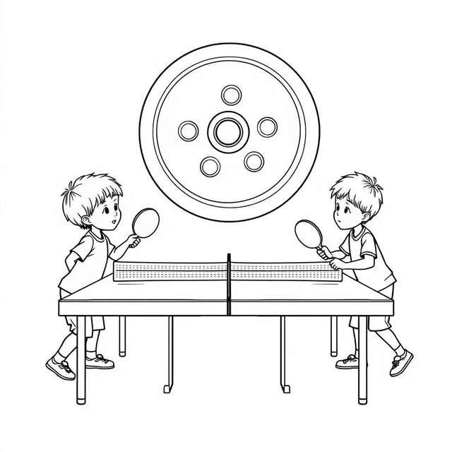 A surreal coloring page illustrating two small children engaged in a lively game of ping-pong on a standard table, but instead of a regular ball, they are using a giant button that is suspended mid-air