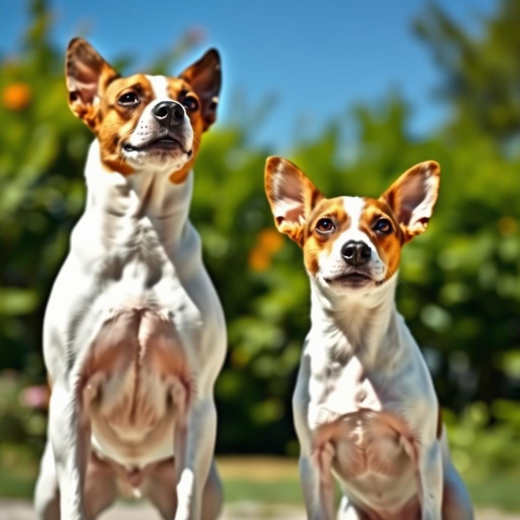 A bodeguero standing side by side with a Jack Russell Terrier, both dogs showcasing their distinct features