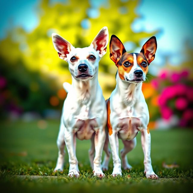 A bodeguero standing side by side with a Jack Russell Terrier, both dogs showcasing their distinct features