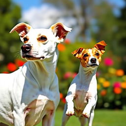 A bodeguero standing side by side with a Jack Russell Terrier, both dogs showcasing their distinct features