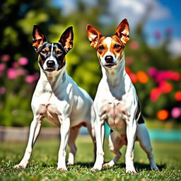 A bodeguero standing side by side with a Jack Russell Terrier, both dogs showcasing their distinct features