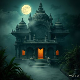 A mysterious and unusual depiction of an ancient Indian architecture labeled 'Vastu House'