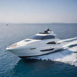 A luxury speed yacht incorporating the elegant lines, distinct logo, and sophisticated design of a Mercedes-Benz car