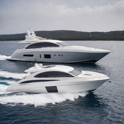 A luxury speed yacht incorporating the elegant lines, distinct logo, and sophisticated design of a Mercedes-Benz car