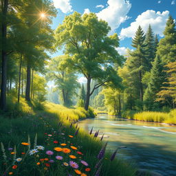 A serene and beautiful depiction of a natural landscape with a lush green forest and a tranquil river flowing gently through it