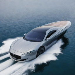 A high-speed luxury boat design that embodies the refined aesthetics, standout logo, and distinct colors of a Maserati supercar