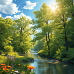 A serene and beautiful depiction of a natural landscape with a lush green forest and a tranquil river flowing gently through it