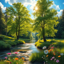 A serene and beautiful depiction of a natural landscape with a lush green forest and a tranquil river flowing gently through it