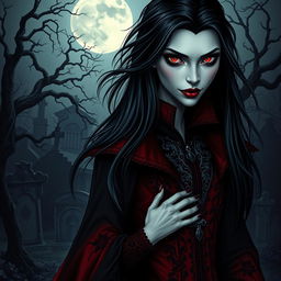 a captivating vampire character for a gothic novel cover, featuring a tall, slender figure with porcelain skin and piercing red eyes, long flowing black hair, and sharp fangs slightly visible from parted lips