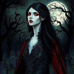 a captivating vampire character for a gothic novel cover, featuring a tall, slender figure with porcelain skin and piercing red eyes, long flowing black hair, and sharp fangs slightly visible from parted lips