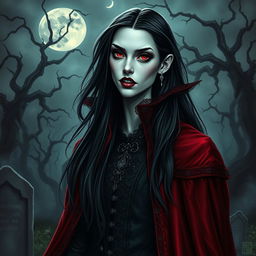 a captivating vampire character for a gothic novel cover, featuring a tall, slender figure with porcelain skin and piercing red eyes, long flowing black hair, and sharp fangs slightly visible from parted lips