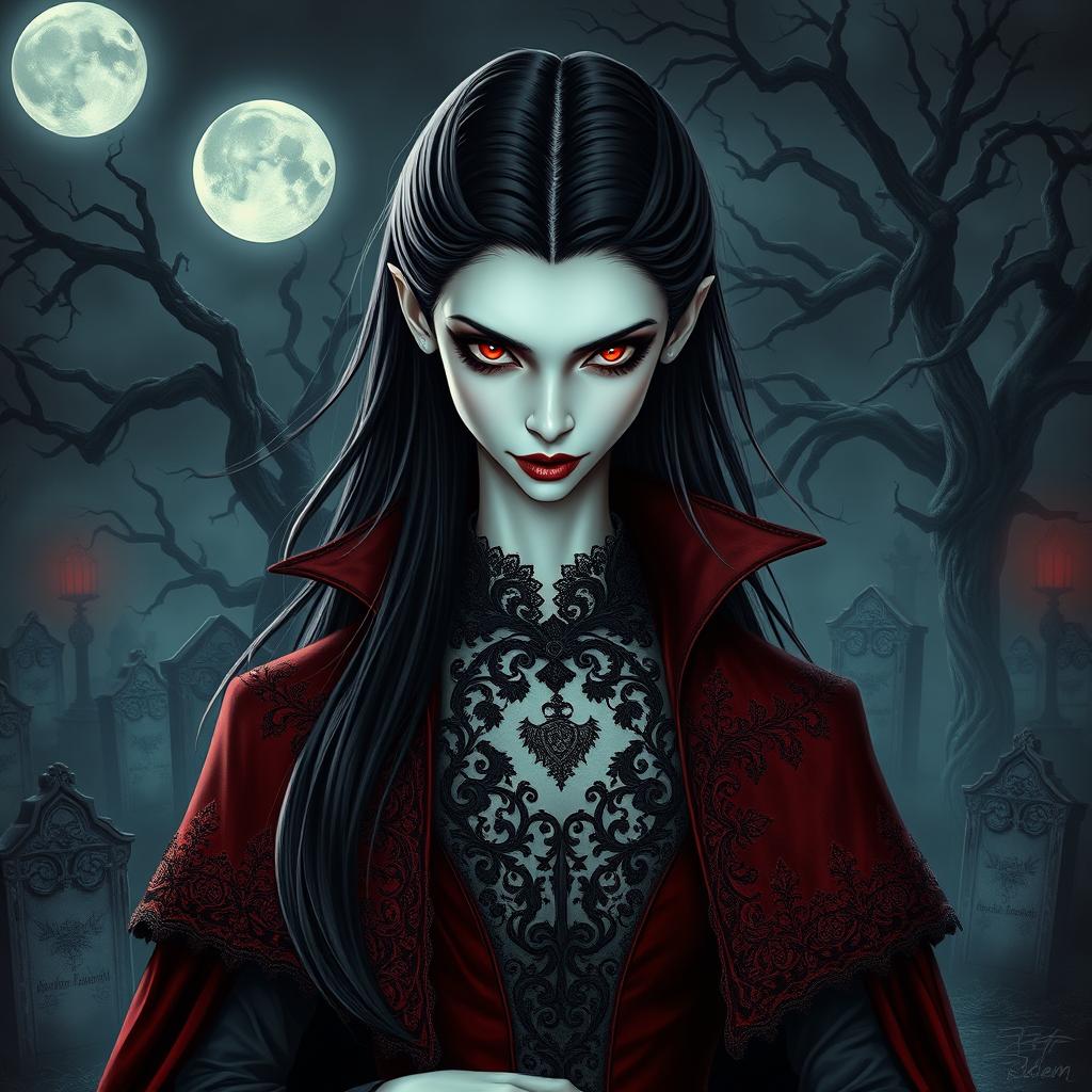 a captivating vampire character for a gothic novel cover, featuring a tall, slender figure with porcelain skin and piercing red eyes, long flowing black hair, and sharp fangs slightly visible from parted lips