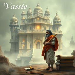 An enigmatic and unusual depiction of a 'Vastu House', with the words elegantly inscribed on the image, showcasing ancient Indian architecture in light colors