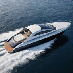 A high-speed luxury boat design that embodies the refined aesthetics, standout logo, and distinct colors of a Maserati supercar