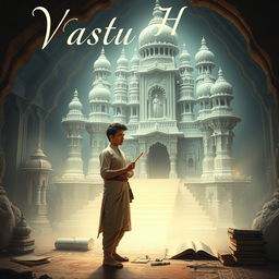 An enigmatic and unusual depiction of a 'Vastu House', with the words elegantly inscribed on the image, showcasing ancient Indian architecture in light colors