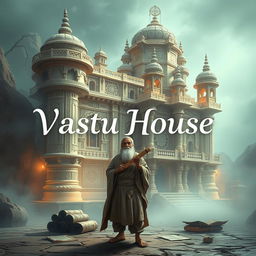 An enigmatic and unusual depiction of a 'Vastu House', with the words elegantly inscribed on the image, showcasing ancient Indian architecture in light colors