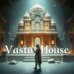 An enigmatic and unusual depiction of a 'Vastu House', with the words elegantly inscribed on the image, showcasing ancient Indian architecture in light colors