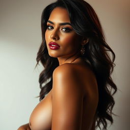 A sensual depiction of a glamorous woman with voluptuous and glossy skin, beautifully illuminated by soft ambient lighting