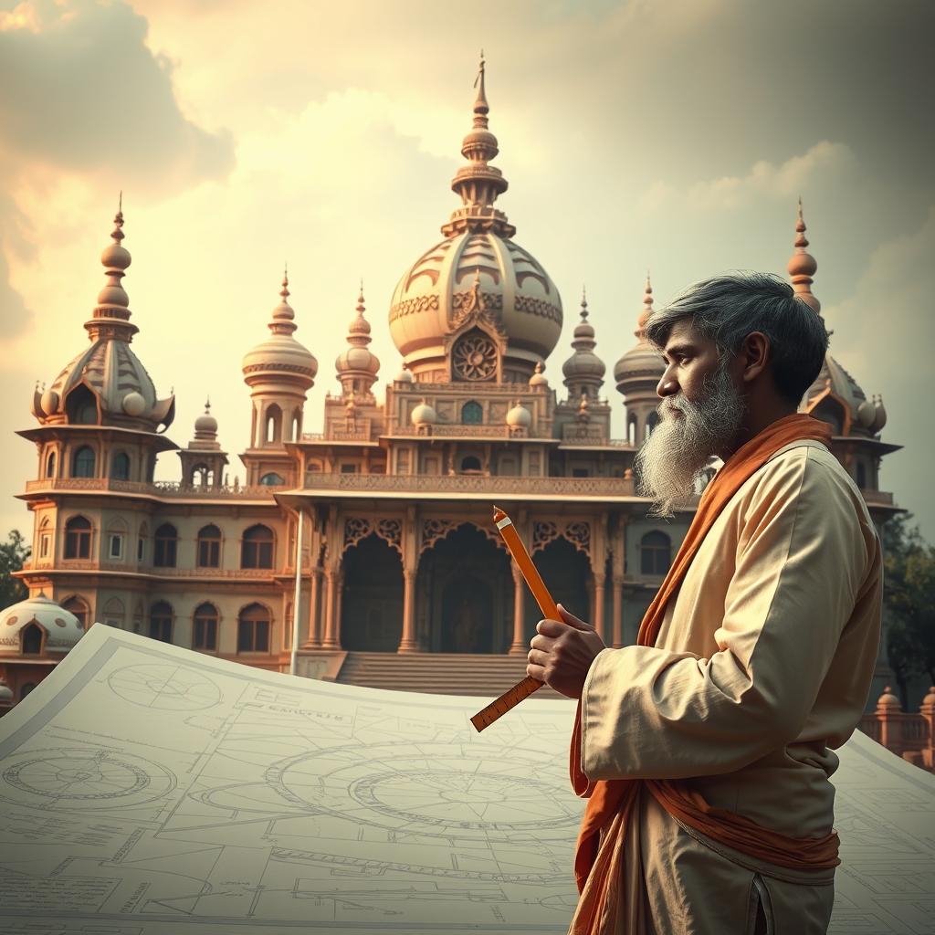 An unusual and mysterious image in light colors featuring an ancient Indian architecture labeled with the sign 'Vastu House'