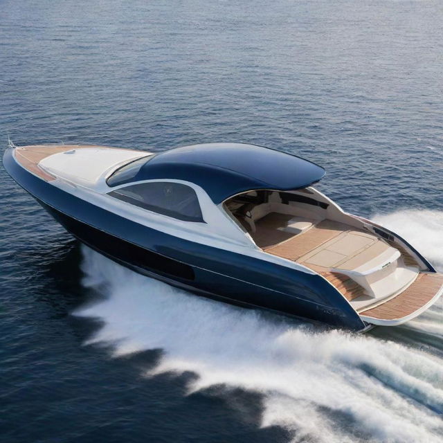 A high-speed luxury boat design that embodies the refined aesthetics, standout logo, and distinct colors of a Maserati supercar