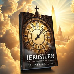 Book cover design featuring a grand clock as the central element with the heavenly imagery of the New Jerusalem in the background