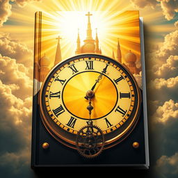 Book cover design featuring a grand clock as the central element with the heavenly imagery of the New Jerusalem in the background