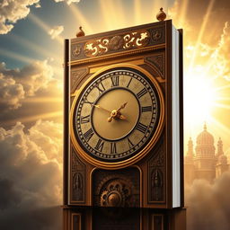 Book cover design featuring a grand clock as the central element with the heavenly imagery of the New Jerusalem in the background