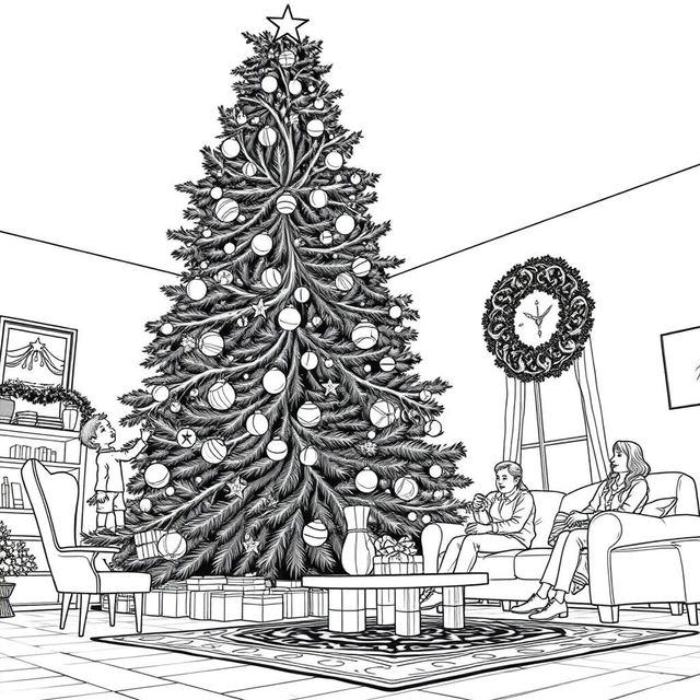 a surreal coloring page featuring a giant Christmas tree, filling the entire living room