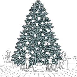 a surreal coloring page featuring a giant Christmas tree, filling the entire living room