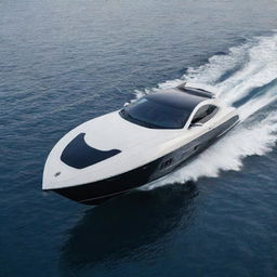 A high-speed luxury boat design that embodies the refined aesthetics, standout logo, and distinct colors of a Maserati supercar