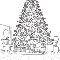 a surreal coloring page featuring a giant Christmas tree, filling the entire living room