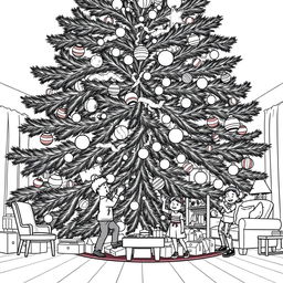 a surreal coloring page featuring a giant Christmas tree, filling the entire living room