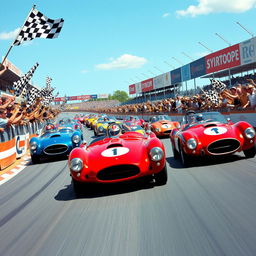 A vibrant vintage motorsport race featuring classic race cars from the 1960s and 1970s