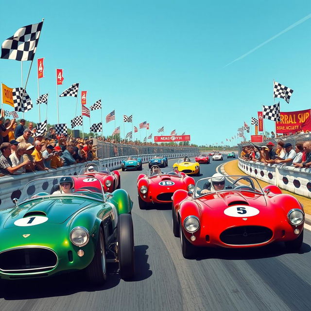 A vibrant vintage motorsport race featuring classic race cars from the 1960s and 1970s