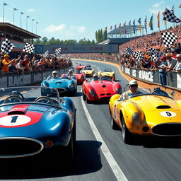 A vibrant vintage motorsport race featuring classic race cars from the 1960s and 1970s