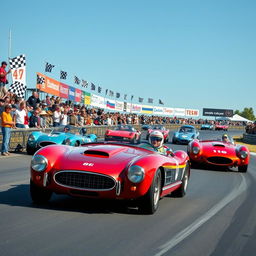 A vibrant vintage motorsport race featuring classic race cars from the 1960s and 1970s