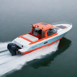 An adventurous and resilient off-shore boat design that carries the bold colors, logo, and design aesthetics of a Subaru vehicle