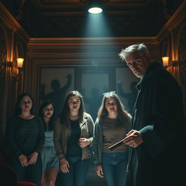 Five college students, visibly anxious, trapped inside a dimly lit, vintage theater