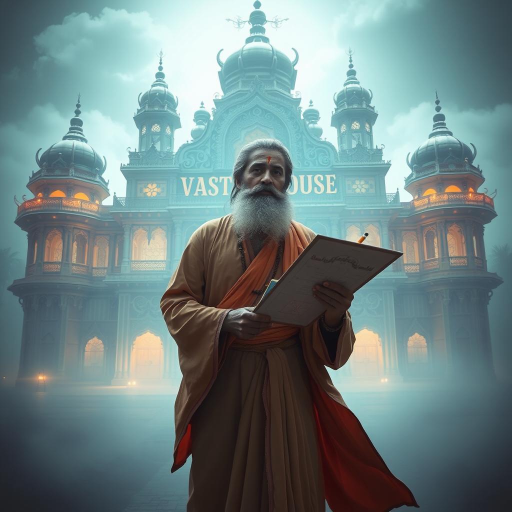A mysterious image in light colors featuring a young sage standing contemplatively against the backdrop of a fantastic palace