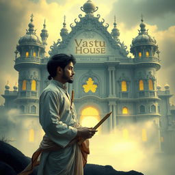 A mysterious image in light colors featuring a young sage standing contemplatively against the backdrop of a fantastic palace