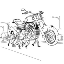 a surreal coloring page depicting a team of people pushing a giant motorcycle down the street