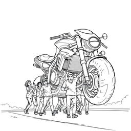 a surreal coloring page depicting a team of people pushing a giant motorcycle down the street