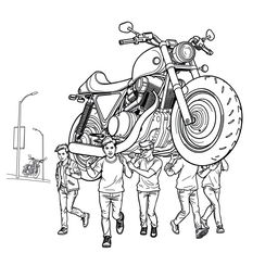 a surreal coloring page depicting a team of people pushing a giant motorcycle down the street