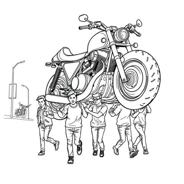 a surreal coloring page depicting a team of people pushing a giant motorcycle down the street