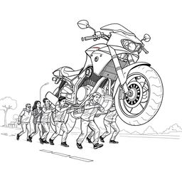 a surreal coloring page depicting a team of people pushing a giant motorcycle down the street