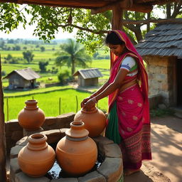 An Indian village girl gracefully filling large earthen pots with water at a traditional well in a quaint, rustic village setting