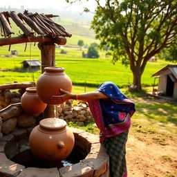 An Indian village girl gracefully filling large earthen pots with water at a traditional well in a quaint, rustic village setting