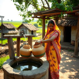 An Indian village girl gracefully filling large earthen pots with water at a traditional well in a quaint, rustic village setting