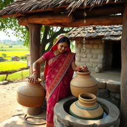 An Indian village girl gracefully filling large earthen pots with water at a traditional well in a quaint, rustic village setting